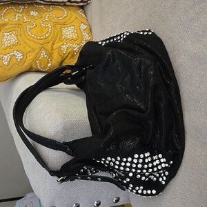 Black Metalic and Corduroy Rhinestone Studded Slouchy Bag